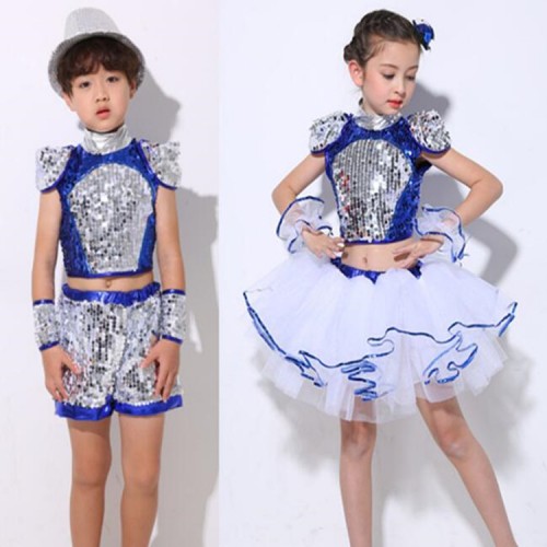 Kids modern jazz dance costumes for boys girls school show  paillette gold blue singers dancers hiphop competition outfits dresses